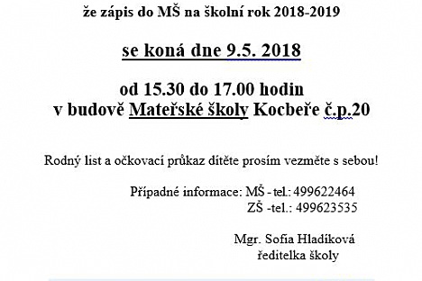Zápis do MŠ Kocbeře